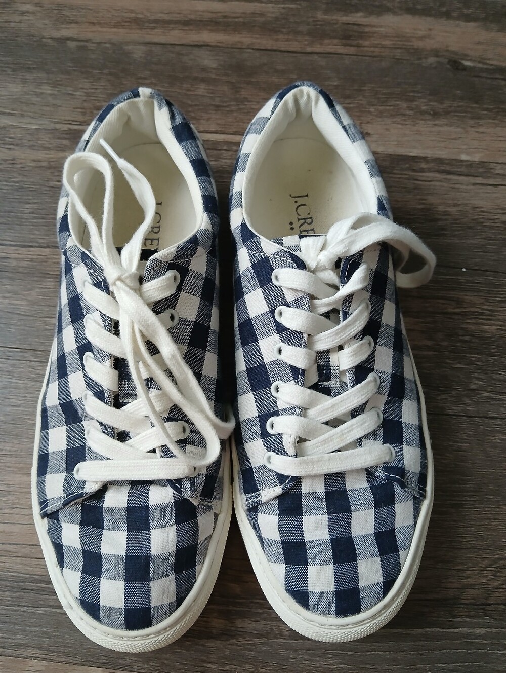 J. Crew Women's Navy and White Gingham Canvas Sneakers Size 8